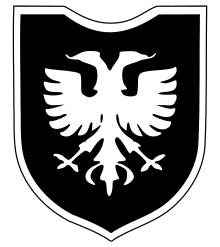 Un blason militaire représentant un aigle à deux têtes blanc sur fond noir.