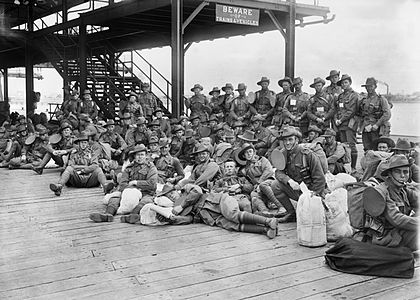 The 10th Reinforcements of the 5th Pioneers at Port Melbourne prior to embarkation, October 1917 5th Pioneer reinforcements Melbourne (AWM image PB0058).jpg