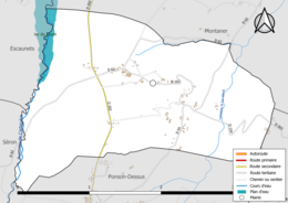 Carte en couleur présentant les réseau hydrographique de la commune