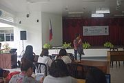 Prof. Joycie Alegre giving her welcome remarks during the 6th Waray Wikipedia Edit-a-thon at the University of the Philippines Visayas Tacloban College (UPVTC) held on November 18-19, 2016. The event was organized by the The Leyte-Samar Heritage Center of UPVTC and the Sinirangan Bisaya Wikimedia Community.