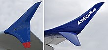 Winglets bei der A380 (links) und bei der A380plus (rechts) im Vergleich