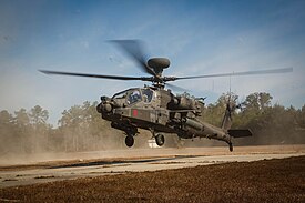 AH-64D Apaches from 1st Battalion (Attack Reconnaissance), 82d Aviation Regiment, descends onto the forward rearming and refueling point to re-load during an aerial gunnery exercise at Fort Walker, VA, 2016 AH-64D,1st Attack Reconnaissance Battalion, 82nd Combat Aviation Brigade, 2016.jpg