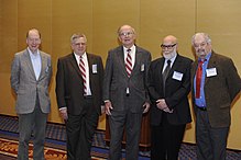 Five of the six 2010 APS Sakurai Prize Winners - (L to R) Tom Kibble, Gerald Guralnik, Carl Richard Hagen, Francois Englert, and Robert Brout AIP-Sakurai-best.JPG