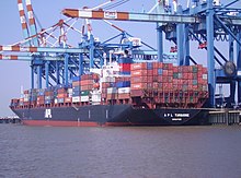 Container ship APL Turquoise is moored in Bremerhaven, Germany. APL Turquoise.jpg