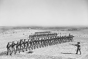 three lines of men in echelon holding rifles with bayonets fixed, each line is faced by one instructor demonstrating bayonet technique