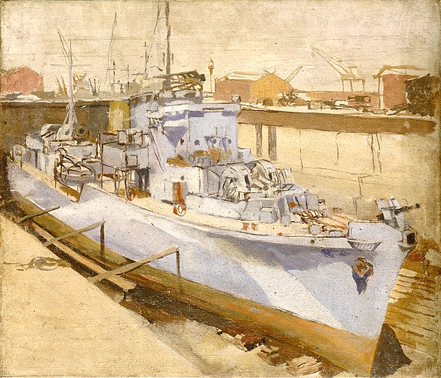 A Hunt-class destroyer in dry dock, painting from the Royal Museums Greenwich