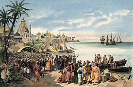 Vasco da Gama megérkezése 1498-ban az indiai Calicut város (ma Kozsíkóde) kikötőjébe