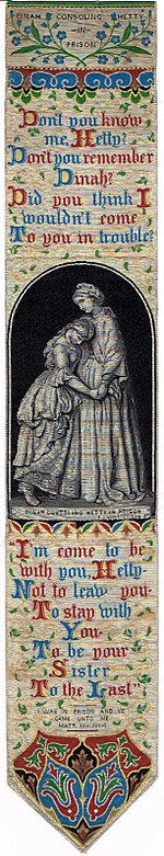 19th-century bookmark depicting Dinah (right) consoling Hetty Sorrel. Adam Bede, George Eliot - Dinah consoling Hetty bookmark.jpg