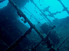 Aft view of the walkway leading to the bridge of Thistlegorm Aft view Thistlegorm.jpg