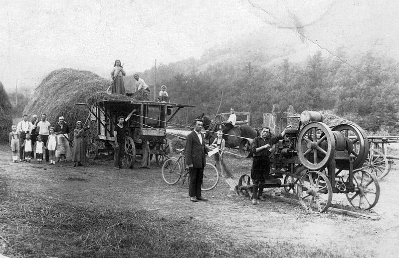 File:Agriculture, tableau, bicycle, man, woman, kids, horse, rider, threshing, threshing machine Fortepan 19517.jpg