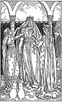 Ah, what a lovely maid it is! (1902) by Elmer Boyd Smith: Thor is unhappily dressed by the goddess Freyja
and her attendants as herself Ah, what a lovely maid it is! by Elmer Boyd Smith.jpg