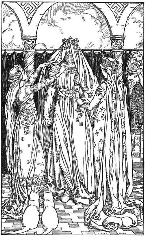 Ah, what a lovely maid it is! (1902) by Elmer Boyd Smith: Thor is unhappily dressed by the goddess Freyja and her attendants as herself