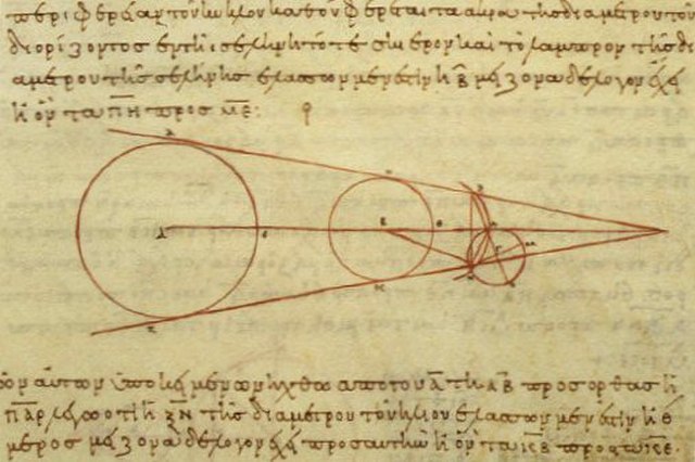 Aristarchus's 3rd-century BCE calculations on the relative sizes of (from left) the Sun, Earth and Moon, from a 10th-century CE Greek copy