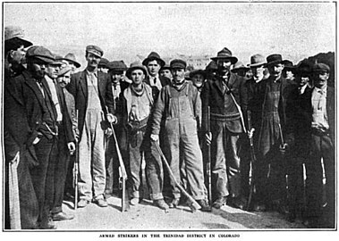 United Mine Workers of America strikers during Ludlow strike, caption says: ARMED STRIKERS IN THE TRINIDAD DISTRICT IN COLORADO