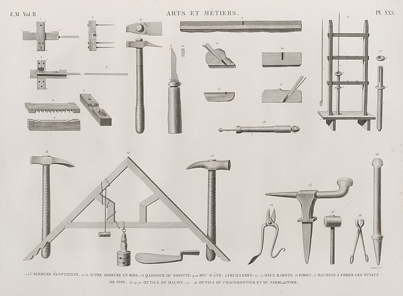 Pl.XXX - 1-3. Serrure égyptienne; 4-6. Autre serrure en bois; 7.8. Qaddoum ou essette; 9.10. Bec d'âne; 11. Feuilleret; 12-15. Deux rabots; 16. Foret; 17. Machine à forer les tuyaux