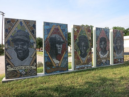Mosaics depicting Willie Wells, Smokey Joe Williams, Toni Stone, Hilton Smith, and Satchel Paige.