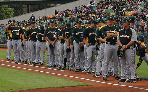 The Australian national baseball team during the 2013 World Baseball Classic.