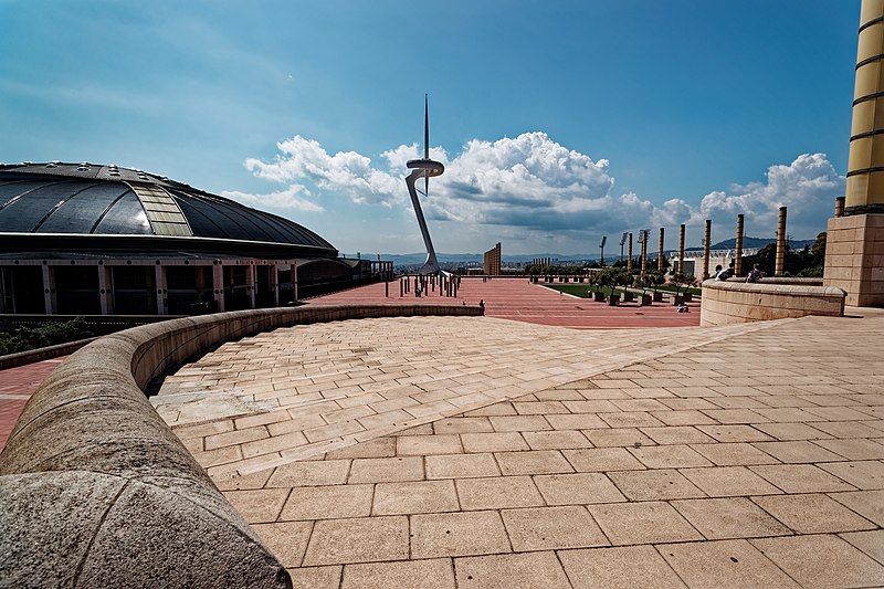 File:Barcelona - Montjuïc - Anella Olímpica - 1992 Summer Olympics site - View West on Palau Sant Jordi 1990 by Arata Isozaki & Torre de comunicacions de Montjuïc 1992 by Santiago Calatrava.jpg