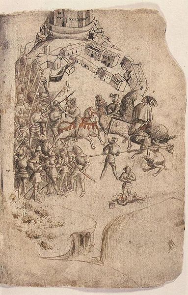 This depiction from the Scotichronicon (c. 1440) is the earliest-known image of the battle. King Robert wielding an axe and Edward II fleeing toward S