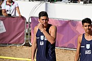 Deutsch: Bachhandball bei den Olympischen Jugendspielen 2018; Tag 3, 9. Oktober 2018; Jungs, Vorrunde, Gruppe B - Argentinien-Mauritius 2:1 English: Beach handball at the 2018 Summer Youth Olympics at 9 October 2018 – Boys Preliminary Round Group B‎ – Argentina-Mautitius 2:1