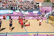 Deutsch: Bachhandball bei den Olympischen Jugendspielen 2018; Tag 3, 9. Oktober 2018; Jungs, Vorrunde, Gruppe B - Argentinien-Mauritius 2:1 English: Beach handball at the 2018 Summer Youth Olympics at 9 October 2018 – Boys Preliminary Round Group B‎ – Argentina-Mautitius 2:1