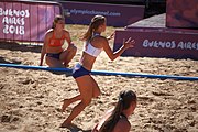 Deutsch: Beachhandball bei den Olympischen Jugendspielen 2018; Tag 3, 10. Oktober 2018; Mädchen, Vorrunde, Gruppe B - Niederlande-Argentinien 2:0 English: Beach handball at the 2018 Summer Youth Olympics at 10 October 2018 – Girls Preliminary Round Group B‎ – Netherlands-Argentina 2:0