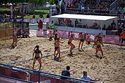 Deutsch: Beachhandball bei den Olympischen Jugendspielen 2018; Tag 3, 10. Oktober 2018; Mädchen, Vorrunde, Gruppe B - Niederlande-Argentinien 2:0 English: Beach handball at the 2018 Summer Youth Olympics at 10 October 2018 – Girls Preliminary Round Group B‎ – Netherlands-Argentina 2:0