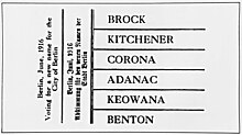 Ein Stimmzettel mit sechs Wahlmöglichkeiten: Brock, Kitchener, Corona, Adanac, Keowana und Benton.