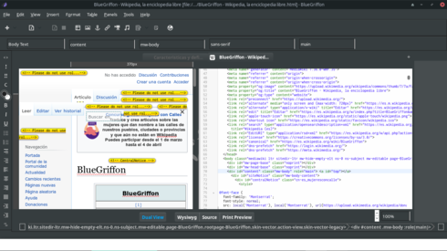 Interfaccia del WYSIWYG BlueGriffon a doppia visione: a sinistra la pagina web in anteprima, a destra il codice corrispondente.