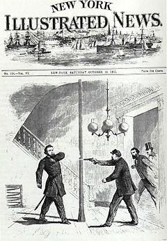 Union Gen. Jefferson C. Davis shoots Union Gen. William "Bull" Nelson on the steps of the Galt House. BullNelsonShooting.jpg