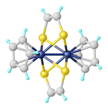 Structure of
(C5H5)2Mo2(S2C2H2)2, featuring a bridging dithiolene ligand. It was prepared by the addition of acetylene to
(C5H5)2Mo2S4. CAZYOR.png