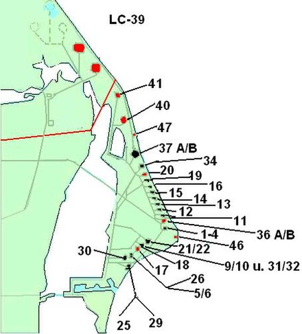 A map of Cape Canaveral Air Force Station. LC-47 is the fourth complex labeled from the top. CCAFS2.JPG