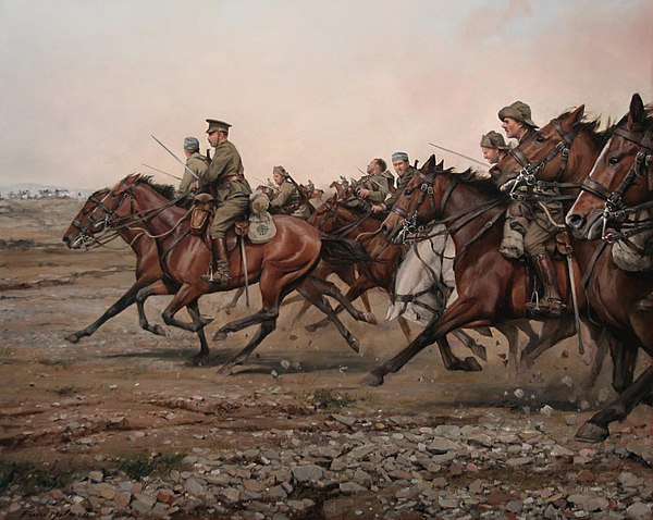 Carga del rio Igan: charge by the Cazadores de Alcántara cavalry regiment at the Igan River, Augusto Ferrer-Dalmau