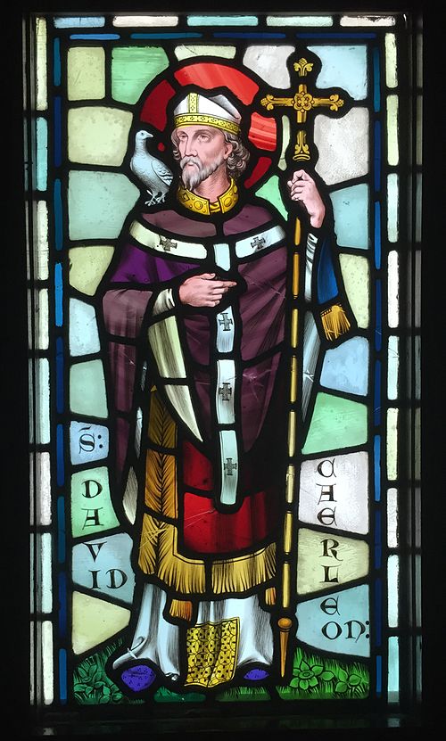 Stained glass depiction of Saint David, designed by William Burges, at Castell Coch, Cardiff