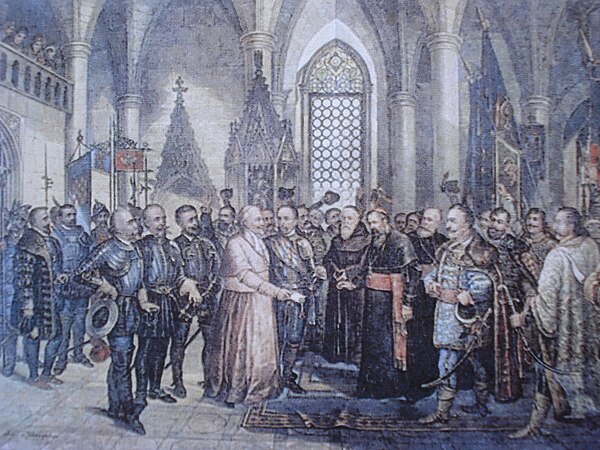 Croatian high nobility members (right) and the plenipotentiaries of Ferdinand I Habsburg (left) at the Parliament on Cetin, by Dragutin Weingärtner