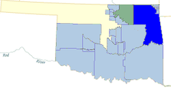 Cherokee Nation tribal jurisdiction area in Oklahoma, in dark blue.