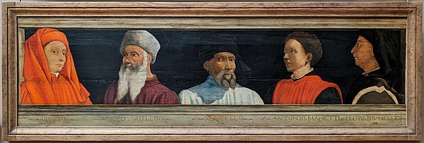 16th-century portraits of Florentine culture heroes: Giotto, Paolo Uccello, Donatello, Antonio Manetti, Brunelleschi.