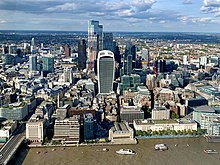 The City skyline in 2021, including 20 Fenchurch Street, the Leadenhall Building, 30 St Mary Axe & 22 Bishopgate, the tallest building in the City of London. London Bridge to the bottom left. Cityoflondonskylinewide.jpg