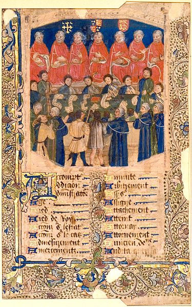 A 15th-century manuscript showing the Court of Common Pleas at work. The image shows pleaders and clients standing in front of seven Justices, and bel