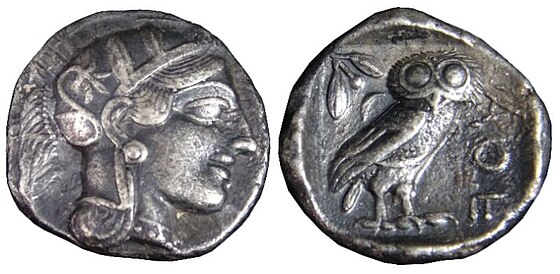An Athenian tetradrachm from after 499 BC, showing the head of Athena and the owl