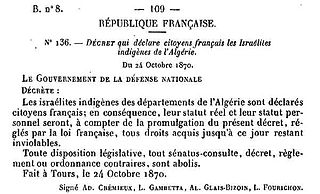 <span class="mw-page-title-main">Crémieux Decree</span> 1870 French decree regarding Algerian Jews