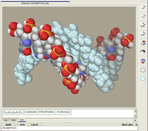 Компютърно изобразяване на цветна пространствена молекулна диаграма с дезоксирибонуклеинова киселина (ДНК), направена с Ascalaph Designer