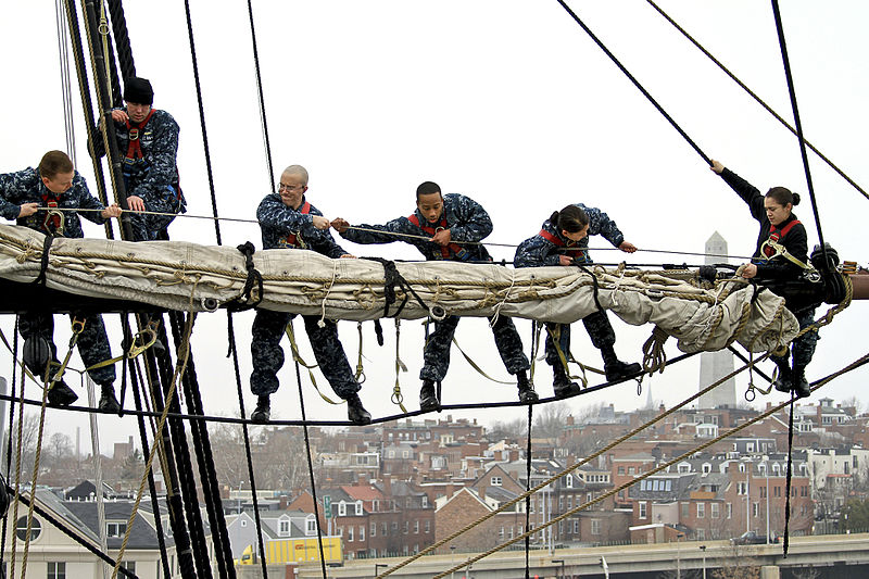 File:Defense.gov News Photo 120314-N-HN195-769 - Navy sailors place the sail on the yard of the mizzenmast aboard the USS Constitution in Charleston Mass. on March 14 2012. The sailors assigned.jpg