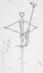 Detailed illustration of a goat's foot lever mounted on a crossbow that is half-spanned