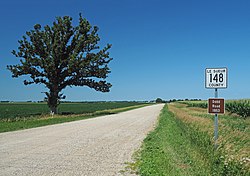 A gravel road through agricultural land, signposted Le Sueur County 148 and Dodd Road 1853