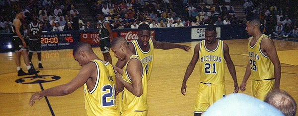 Michigan's Fab Five (left to right) Jimmy King, Jalen Rose, Webber, Ray Jackson and Juwan Howard
