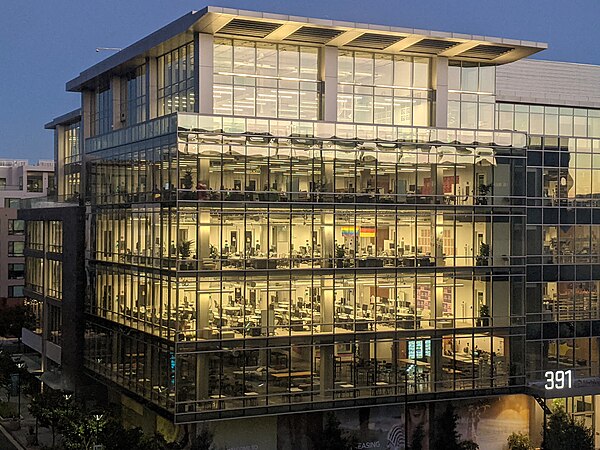 Facebook's building 391, at the site of the Shockley Semiconductor Laboratory in Mountain View, California; pre-dawn view from the Hyatt Centric Hotel