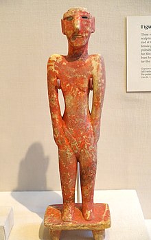 Figurine from Fakhariyah (male), Tell Fakhariyah, Pre-pottery Neolithic B, 9000-7000 BC, gypsum with bitumen and stone inlays - Oriental Institute Museum, University of Chicago - DSC07636.JPG