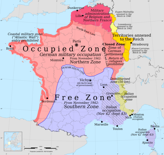 Zon  pendudukan Jerman dan Itali: zone occupée, zone libre, zone interdite, pengilhakan Alsace-Lorraine, Luxembourg dan Eupen-Malmédy, dan Pentadbiran Tentera di Belgium dan Utara Perancis