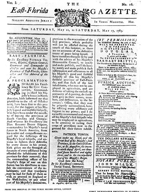 Front page of the East Florida Gazette (Volume 1, no 16), a pro-loyalist newspaper.